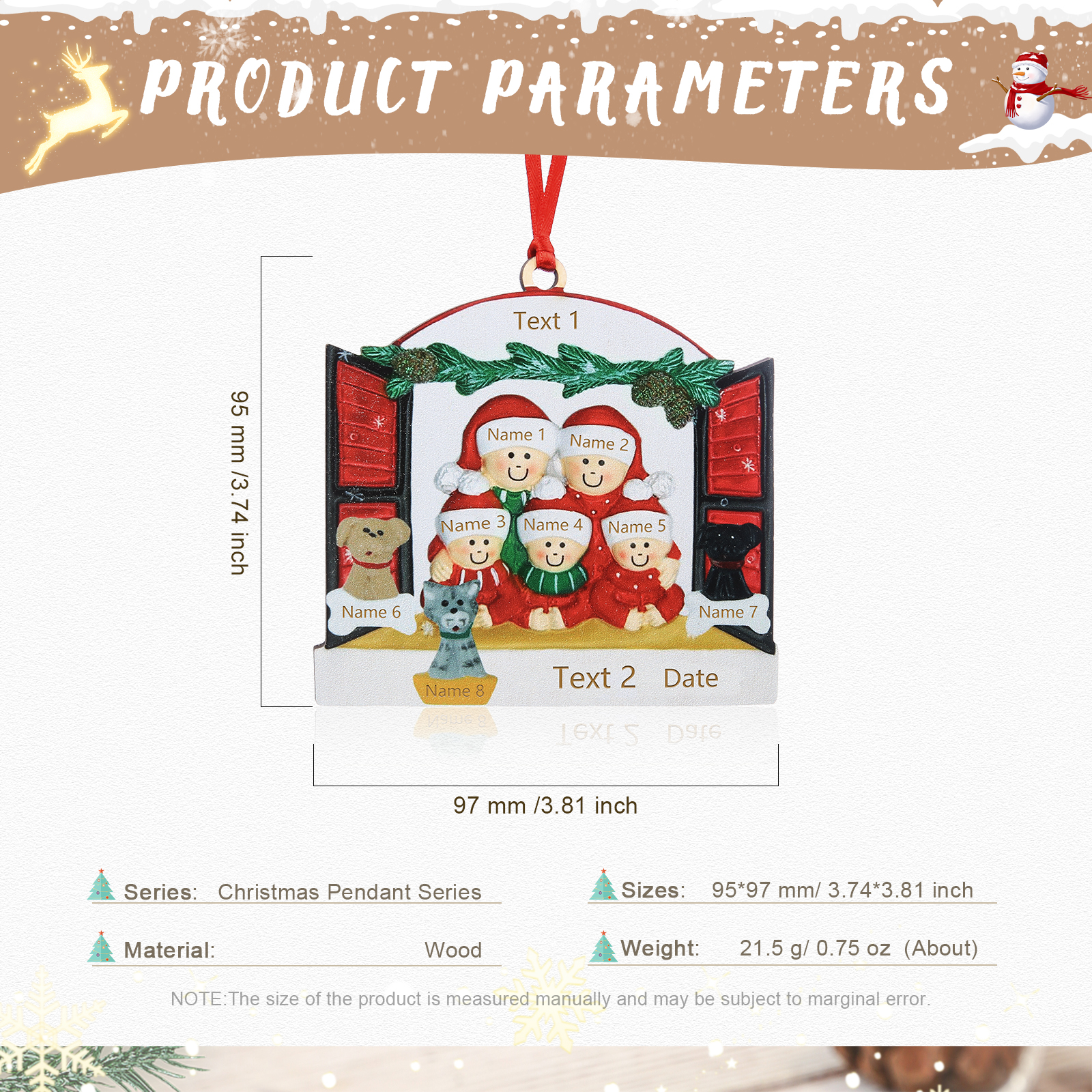 Navidad-Ornamento muñecos navideño de madera familia de 5 con 2 perros y gato y 2 textos y año personalizados adorno del árbol-Jessemade ES
