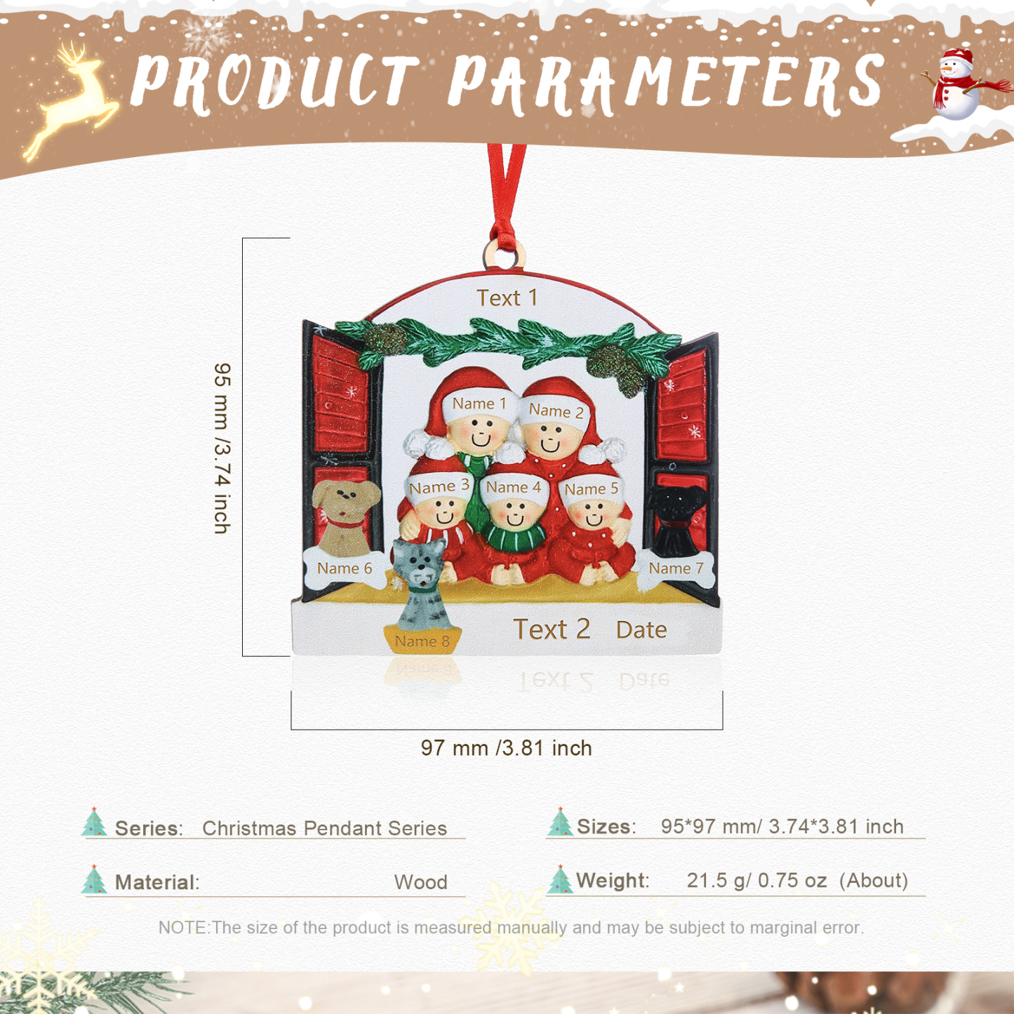 Navidad-Ornamento muñecos navideño de madera familia de 5 con 2 perros y gato y 2 textos y año personalizados adorno del árbol-Jessemade ES