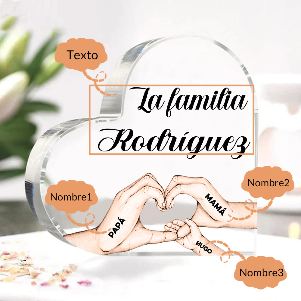 Placa de acrílico en forma de corazón mano a mano con 1 texto y 3 nombres personalizados-Jessemade ES