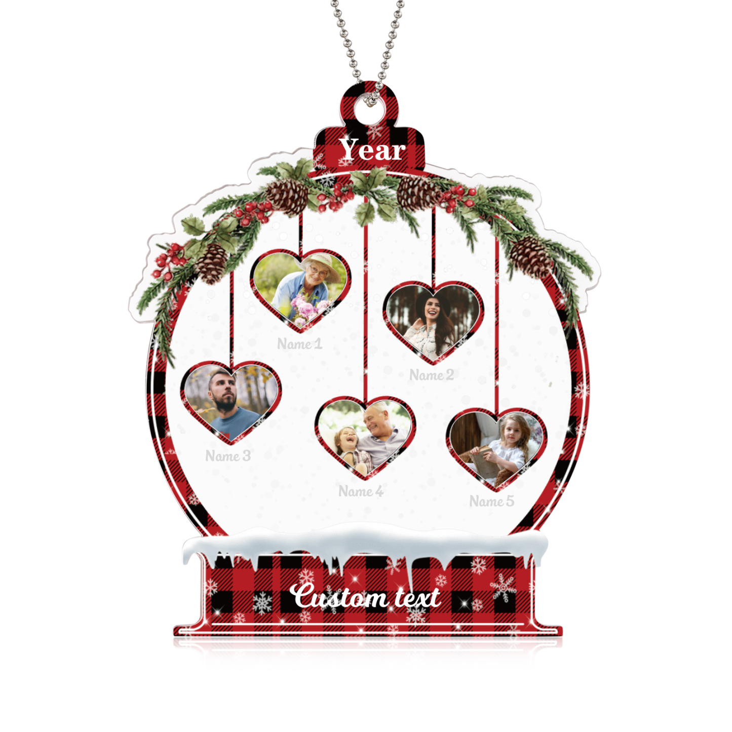 Navidad-Ornamento navideño de acrílico bola de cristal con 5 nombres, 5 fotos y 1 texto personalizados-Jessemade ES
