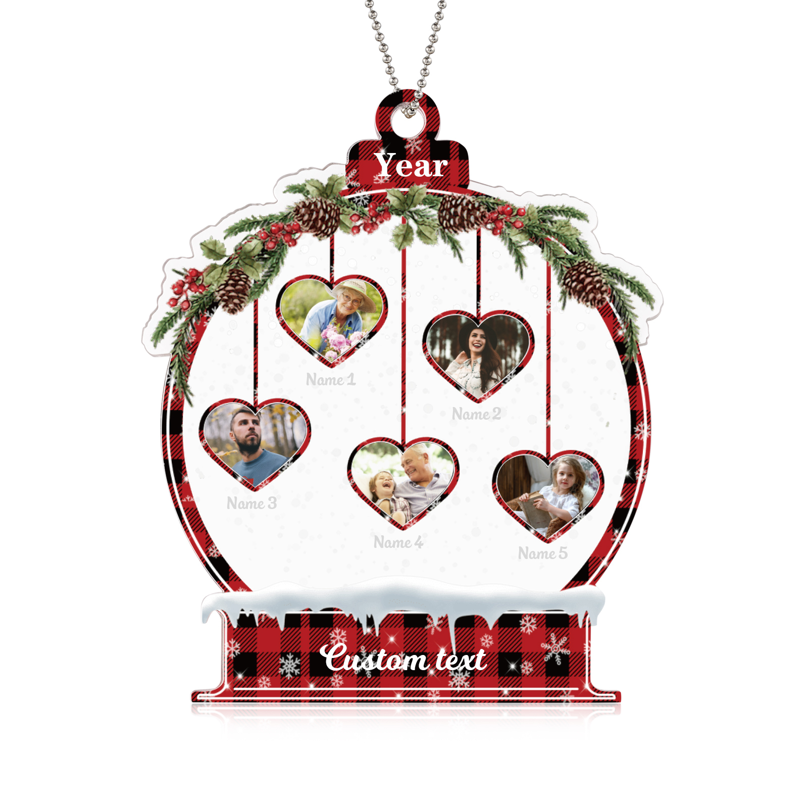 Navidad-Ornamento navideño de acrílico bola de cristal con 5 nombres, 5 fotos y 1 texto personalizados-Jessemade ES