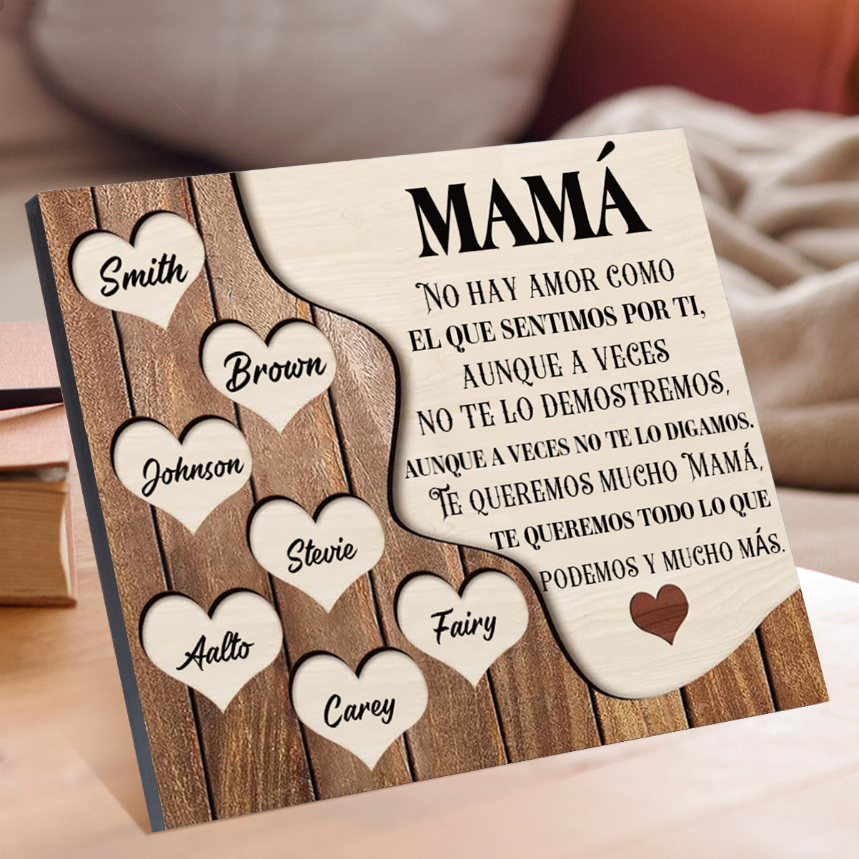 A mi mamá - Lámina 2-8 nombres personalizados marco de madera cara y corazones-Jessemade ES