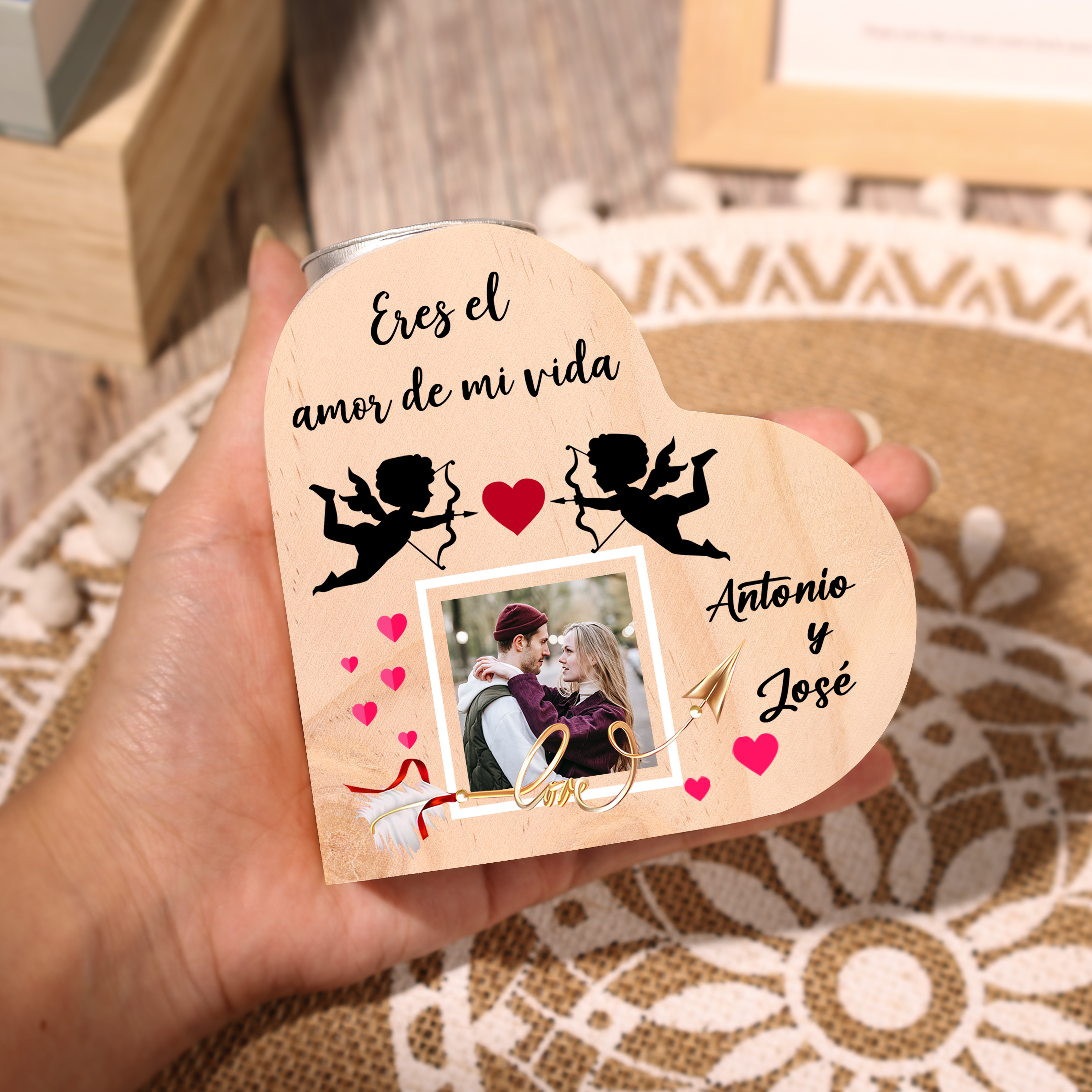 Candelero de madera Cupid para pareja sin vela personalizado con 2 nombres-Jessemade ES