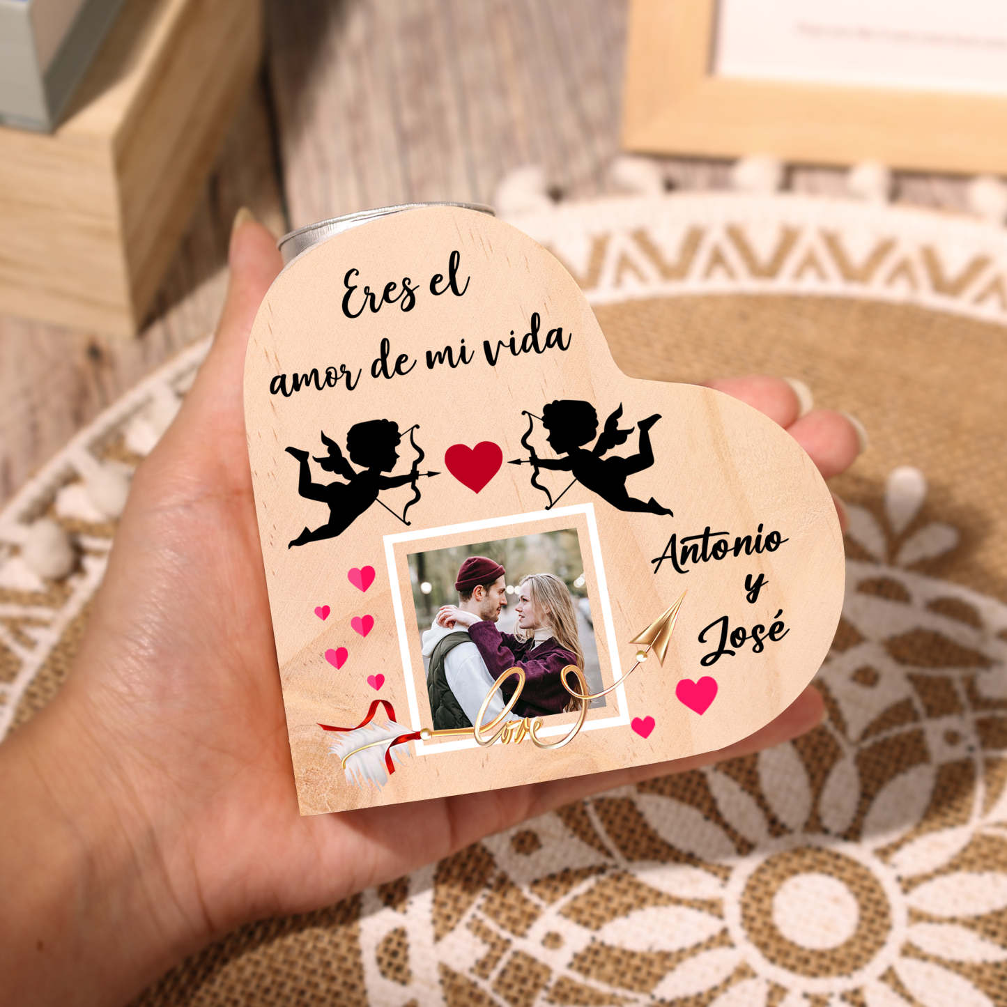 Candelero de madera Cupid para pareja sin vela personalizado con 2 nombres-Jessemade ES