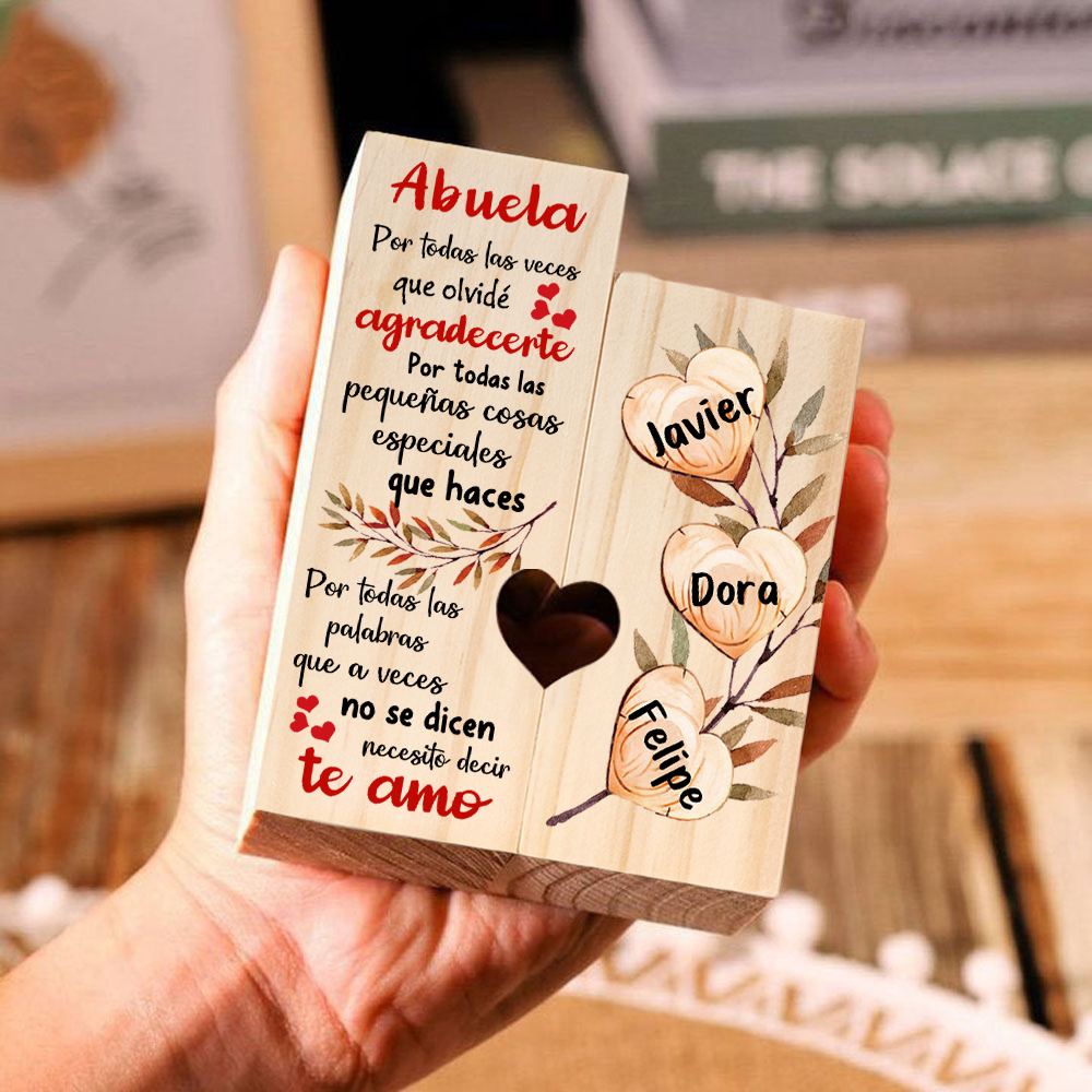 A mi abuela - Candelero de madera sin vela Corazones 3 nombres personalizados