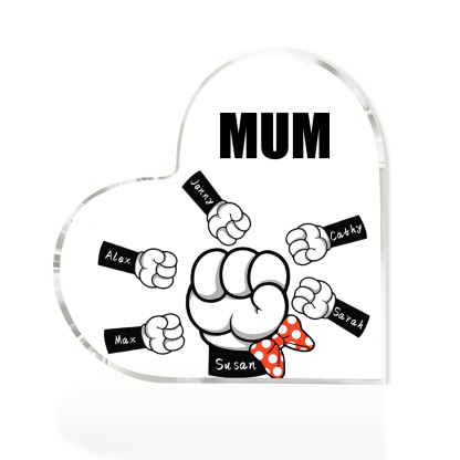 A mi mamá/abuela-Placa de acrílico "Puños" en forma de corazón 6 nombres y 1 texto personalizados-Jessemade ES