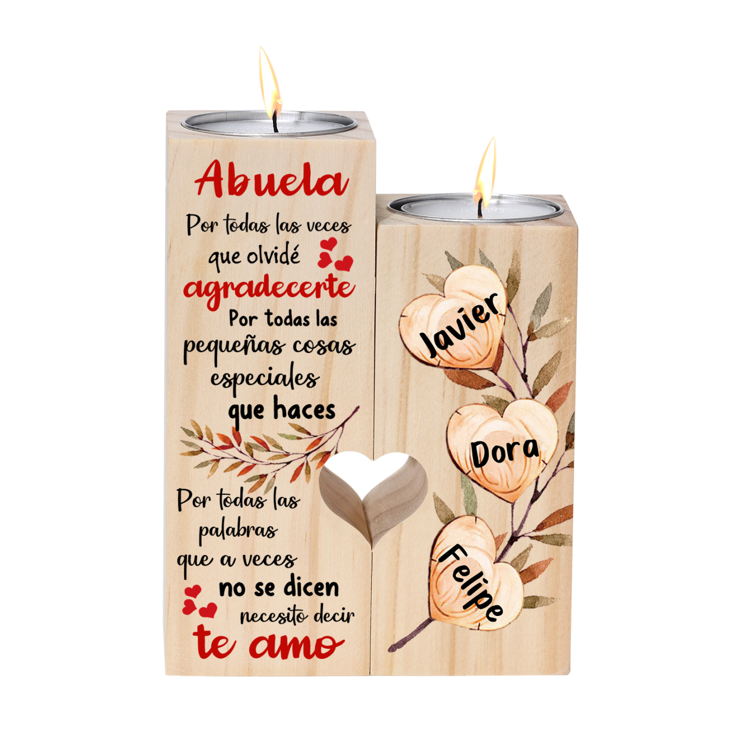 A mi abuela - Candelero de madera sin vela Corazones 3 nombres personalizados