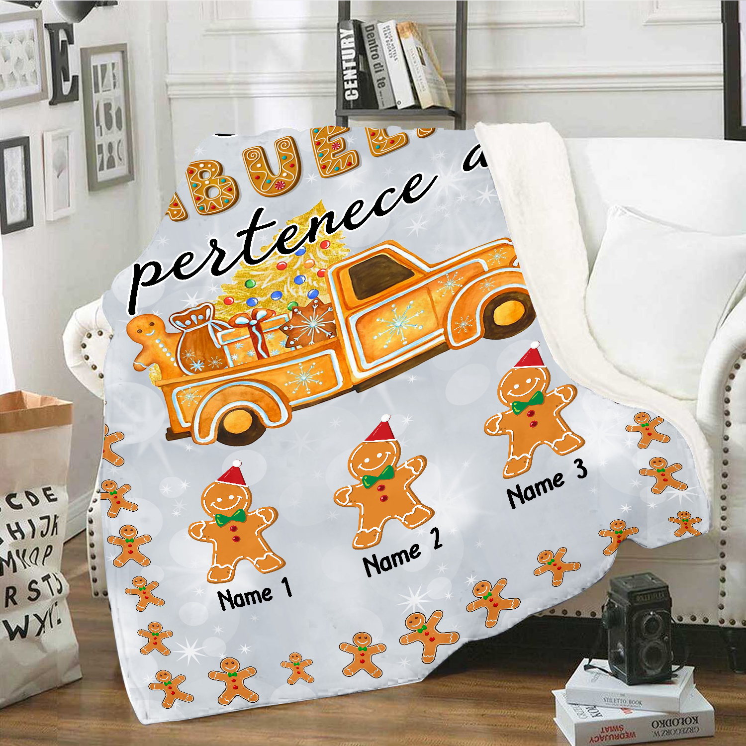 A mi abuela-Manta de buen calidad de Navidad hombres de jengibre personalizada con 3 nombres-Jessemade ES