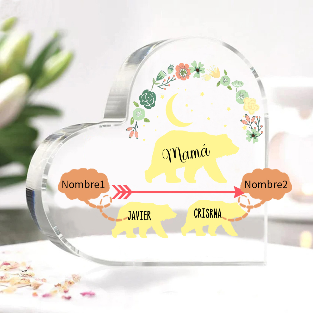 A mi mamá-Placa de acrílico en forma de corazón osos 1-6 nombres personalizados-Jessemade ES