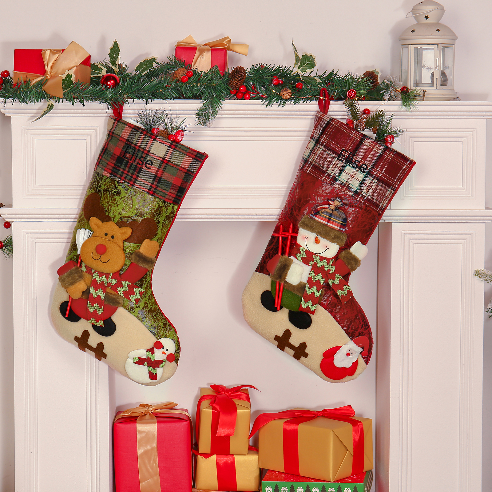 Adornos de medias navideñas con muñeco Bolsa de regalo 1 Nombre personalizado-Jessemade ES