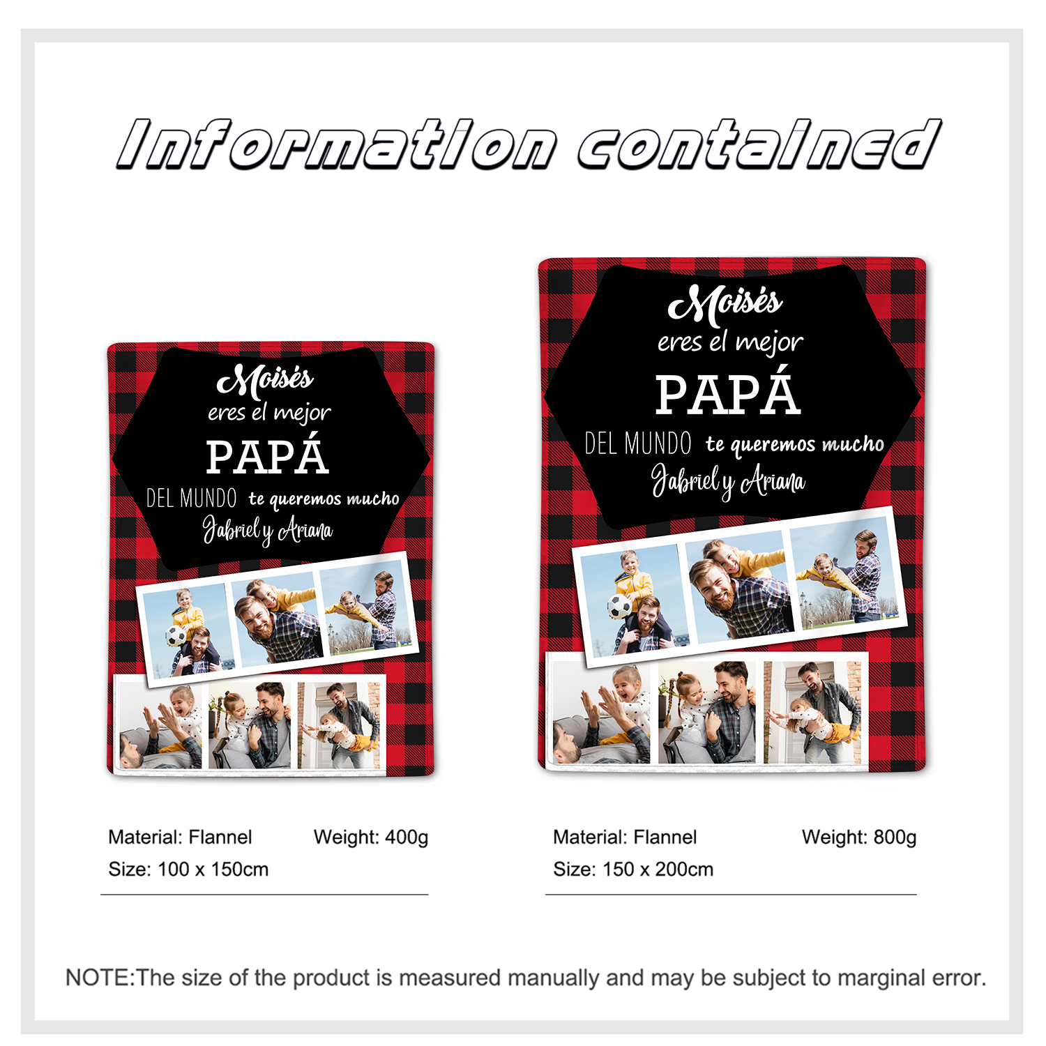 A mi padre de hij@s-Manta de buen calidad personalizada con 1 nombre, 1 texto y 6 fotos-Jessemade ES