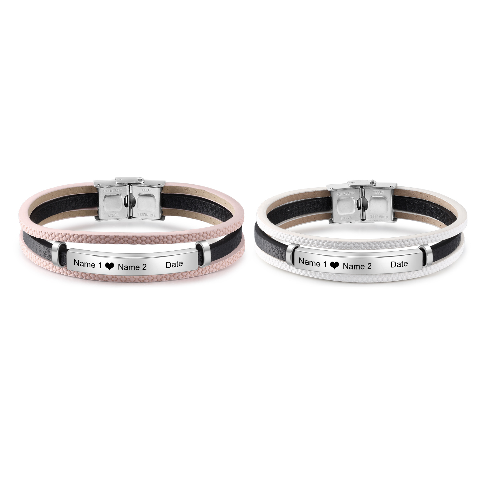 Pulseras de cuero para pareja con placa 2 nombres y fecha personalizados-Jessemade ES