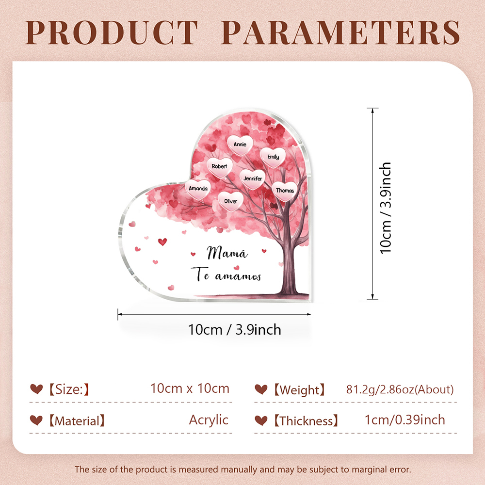 A mi mamá/abuela-Placa de acrílico "Árbol" en forma de corazón 8 nombres y 1 texto personalizados-Jessemade ES
