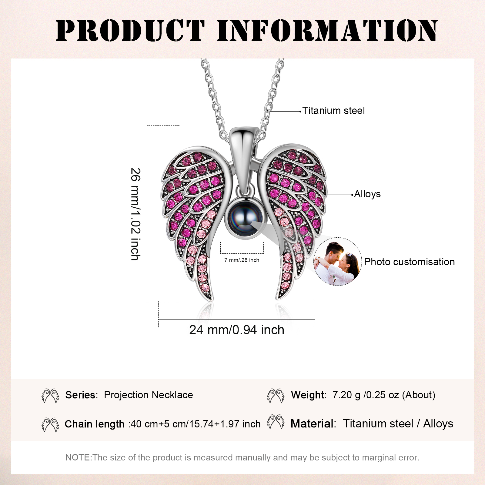 Collar de alas de ángel abiertas personalizado con 1 foto en proyección-Jessemade ES