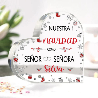 Navidad-Placa de acrílico en forma de corazón aniversario de navidad con número y apellido personalizados-Jessemade ES