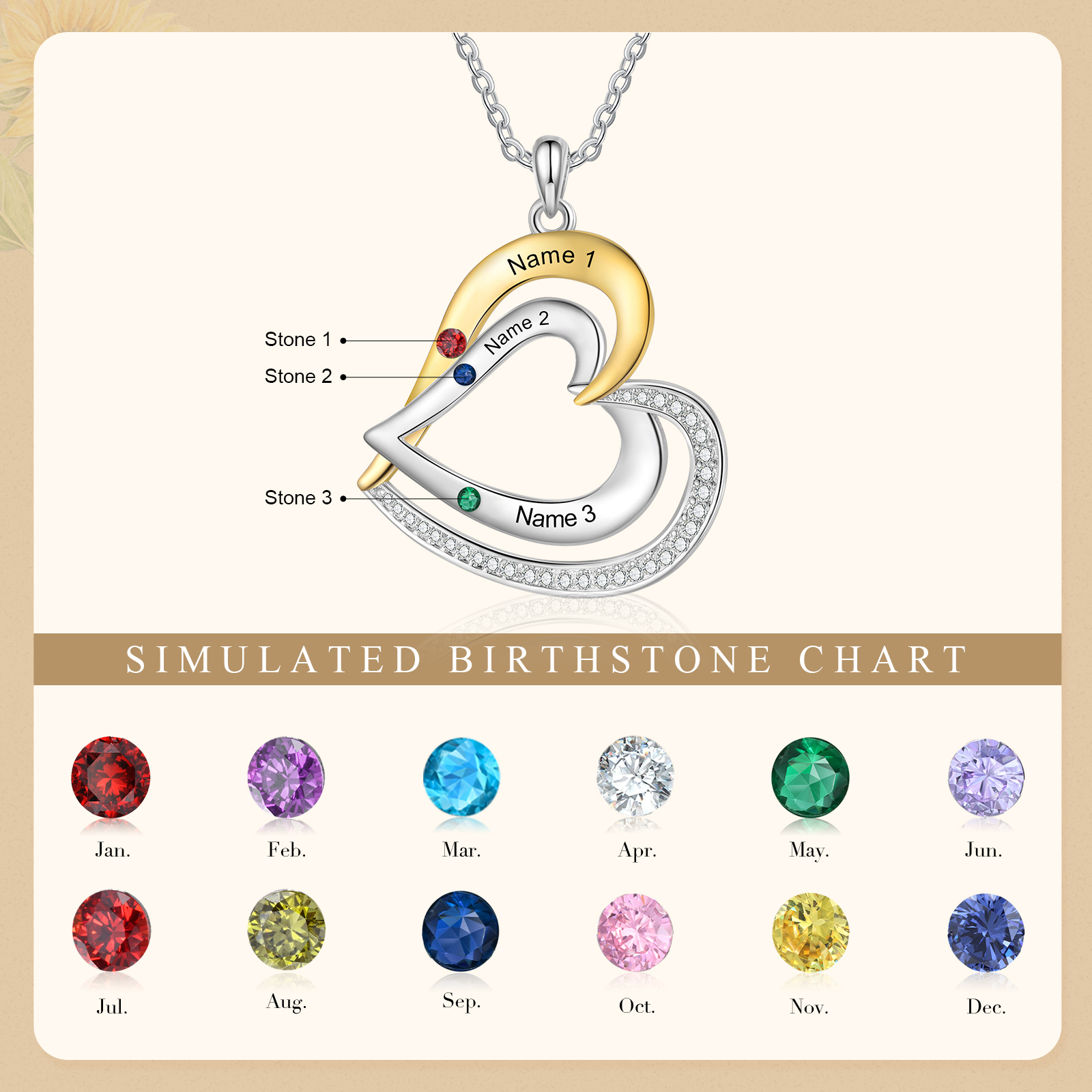 Collar de corazón de plata 925 con 3 nombres y piedras de nacimiento personalizado-Jessemade ES