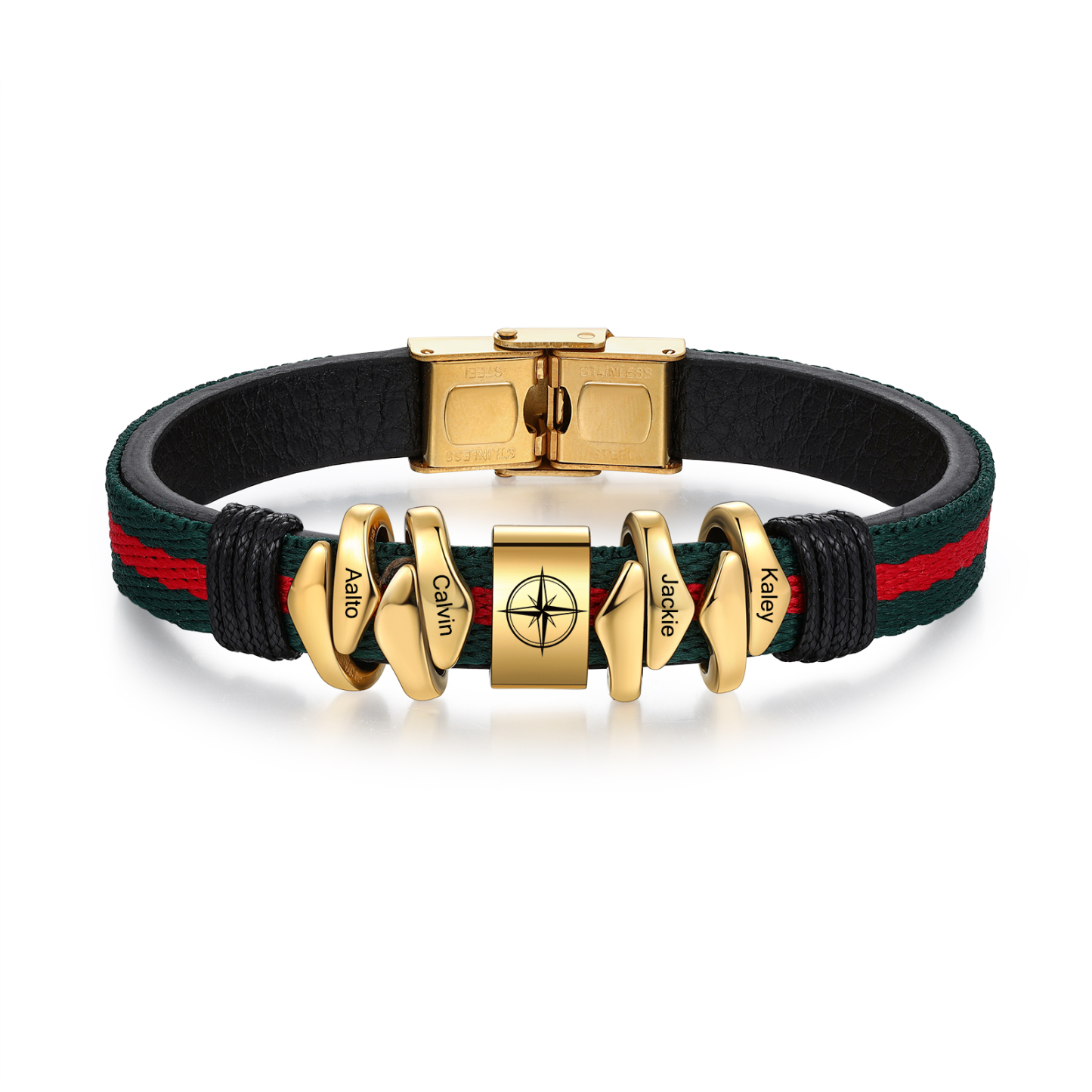 Pulsera 4 Nombres Personalizados de Cuero y Cuerda con Aros-Jessemade ES