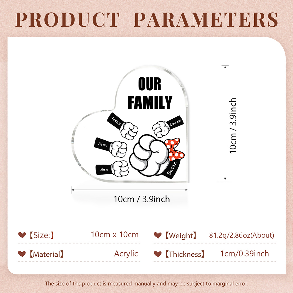 A mi mamá/abuela-Placa de acrílico "Puños" en forma de corazón 5 nombres y 1 texto personalizados-Jessemade ES