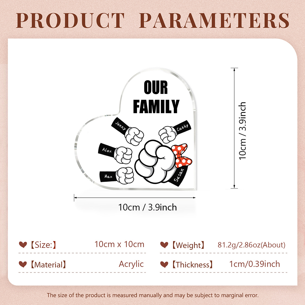 A mi mamá/abuela-Placa de acrílico "Puños" en forma de corazón 5 nombres y 1 texto personalizados-Jessemade ES