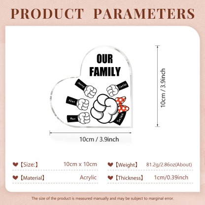 A mi mamá/abuela-Placa de acrílico "Puños" en forma de corazón 5 nombres y 1 texto personalizados-Jessemade ES