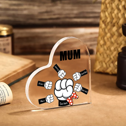 A mi mamá/abuela-Placa de acrílico "Puños" en forma de corazón 6 nombres y 1 texto personalizados-Jessemade ES