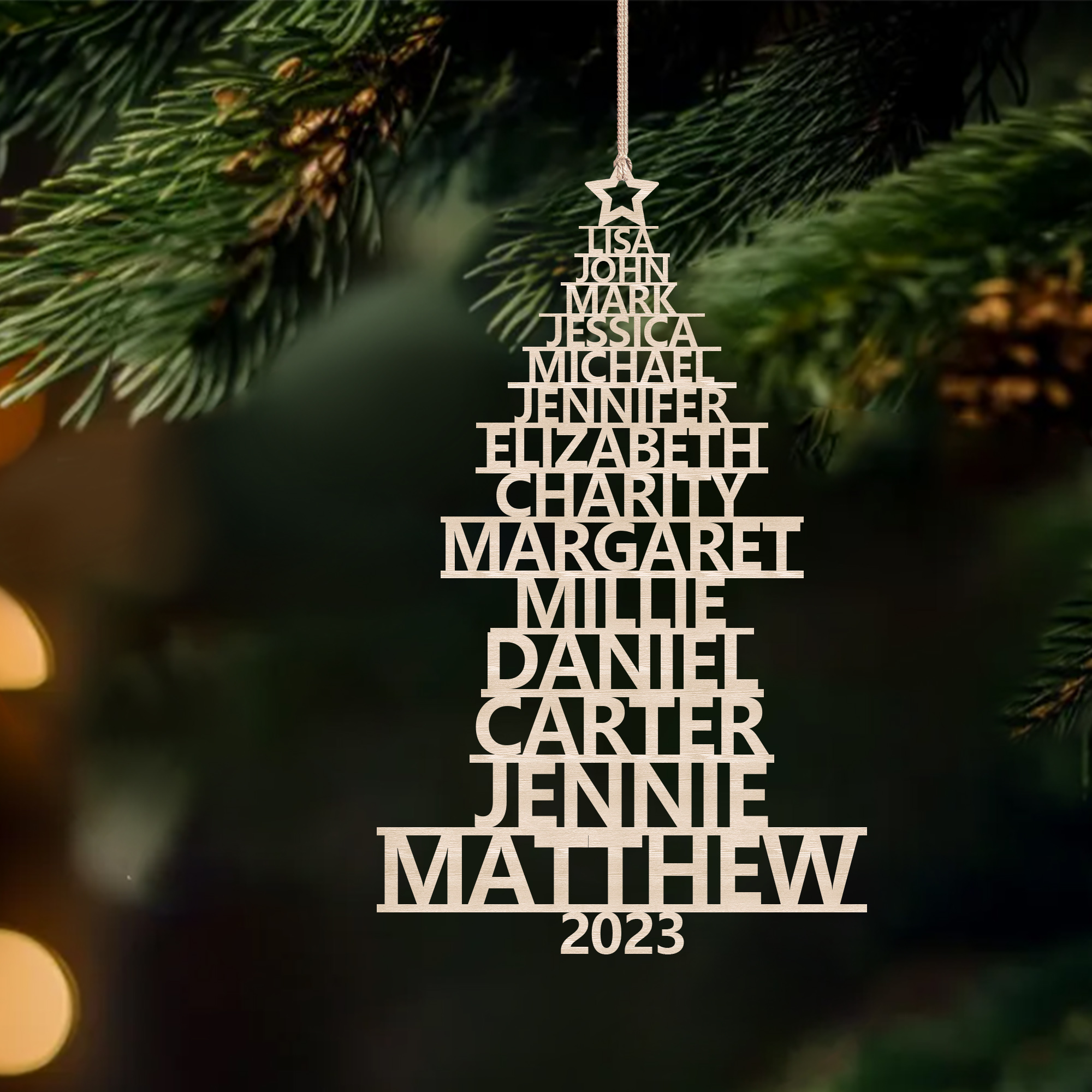 Navidad-Ornamento navideño de madera árbol de nombres con 14 nombres y año personalizados