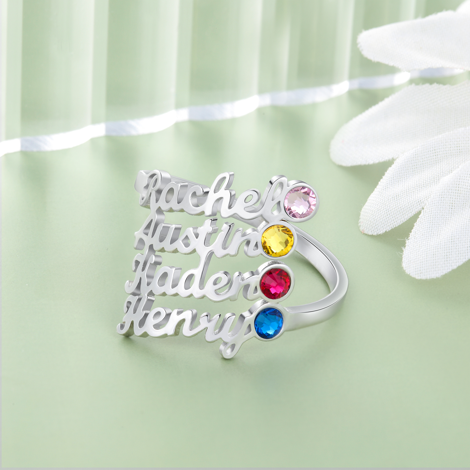 Anillo personalizado de 4 nombres y 4 piedras de nacimiento anillo familia-Jessemade ES