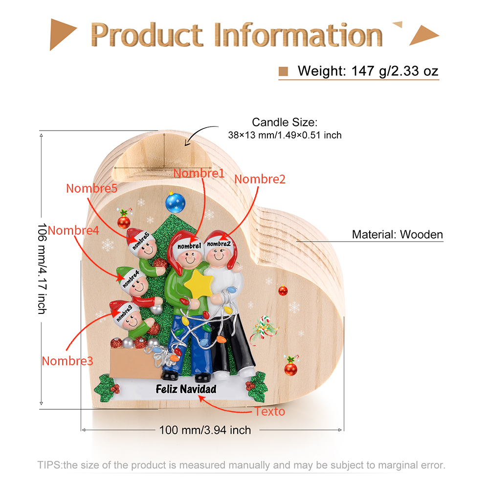 Navidad - Candelero de corazón de madera familia personalizado con 5 nombres y 1 texto sin vela