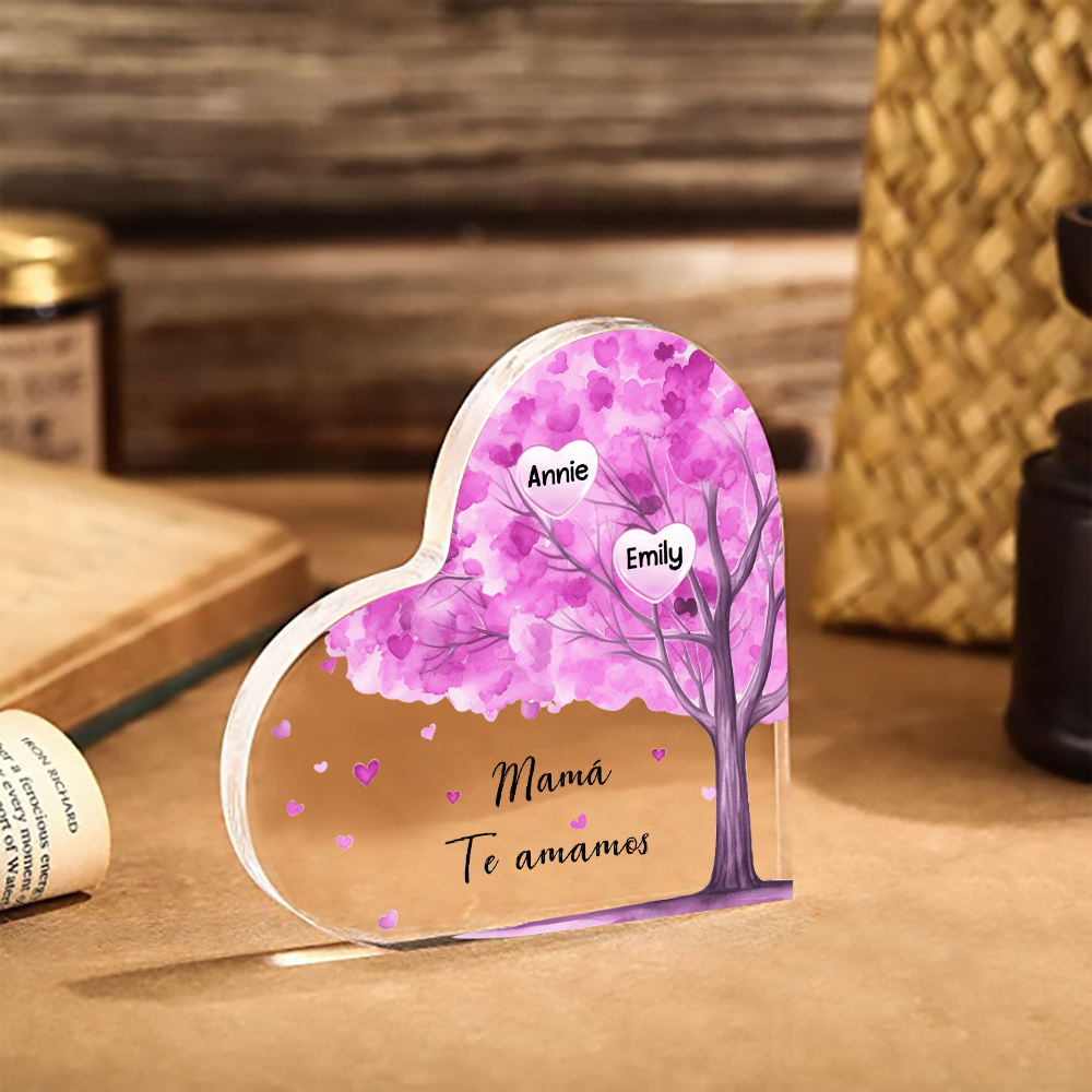 A mi mamá/abuela-Placa de acrílico "Árbol" en forma de corazón 2 nombres y 1 texto personalizados-Jessemade ES