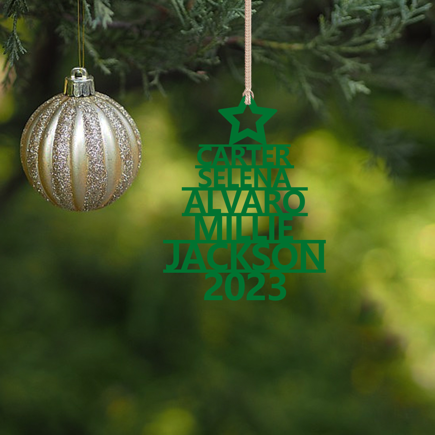 Navidad-Ornamento navideño de madera árbol de nombres con 5 nombres y año personalizados