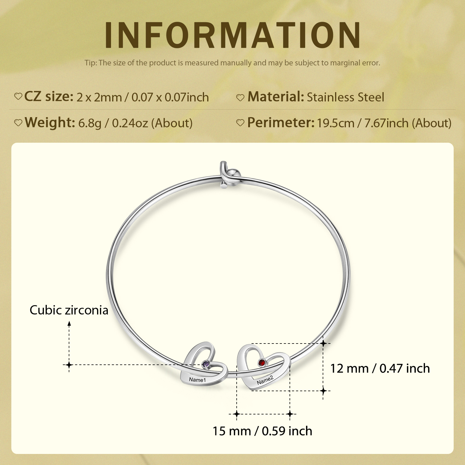 Pulsera 2-6 nombres y piedras de nacimiento personalizados con colgantes de corazón plateado