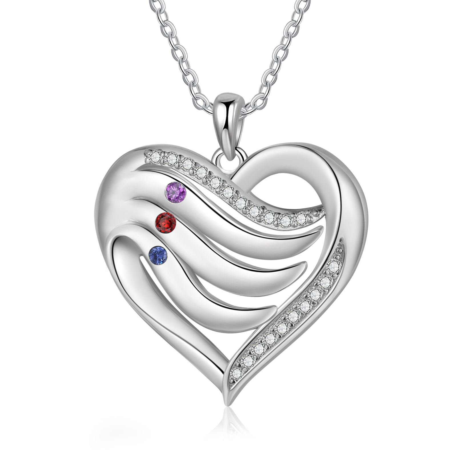 Collar de corazón de plata 925 con 3 nombres y piedras de nacimiento personalizados-Jessemade ES