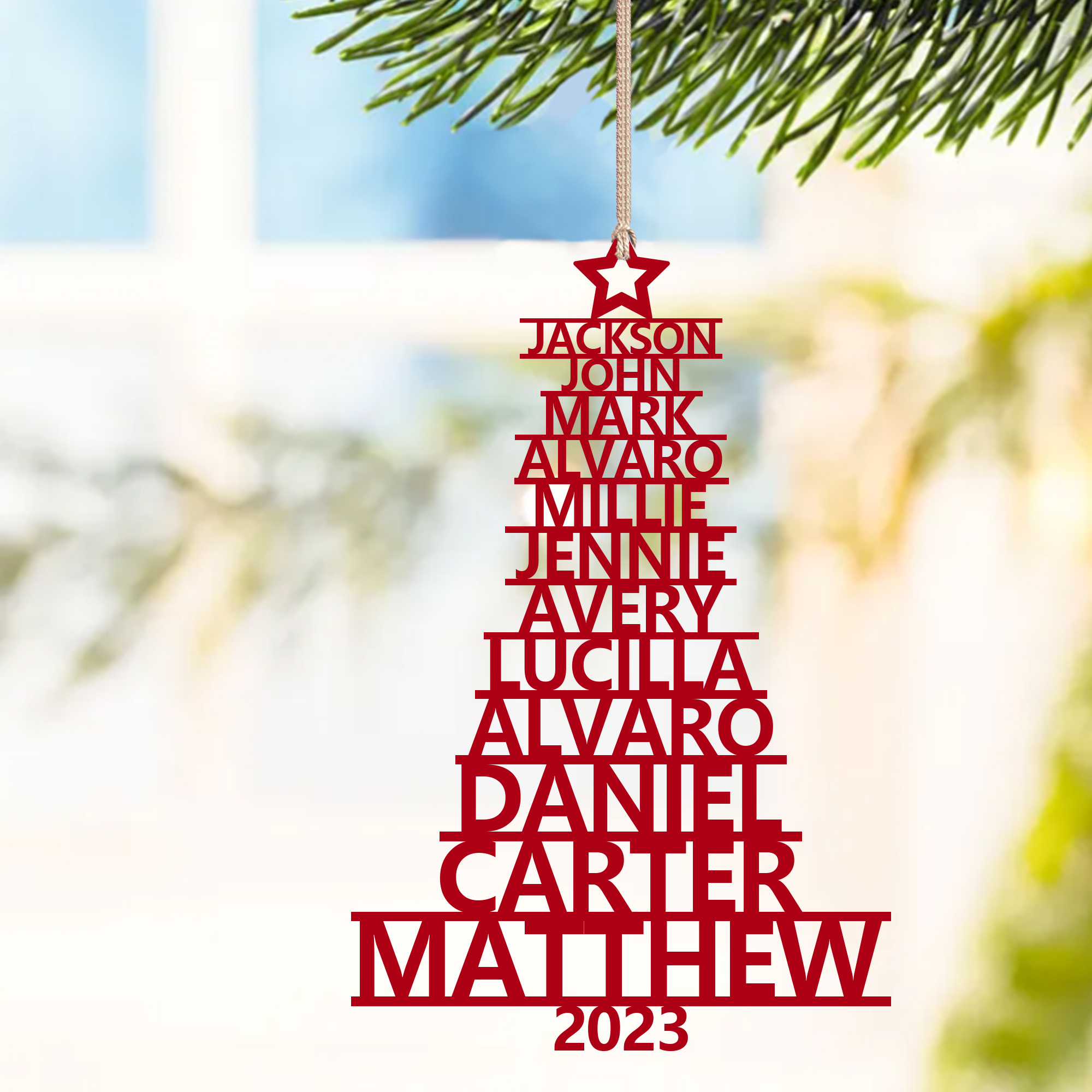 Navidad-Ornamento navideño de madera árbol de nombres con 12 nombres y año personalizados