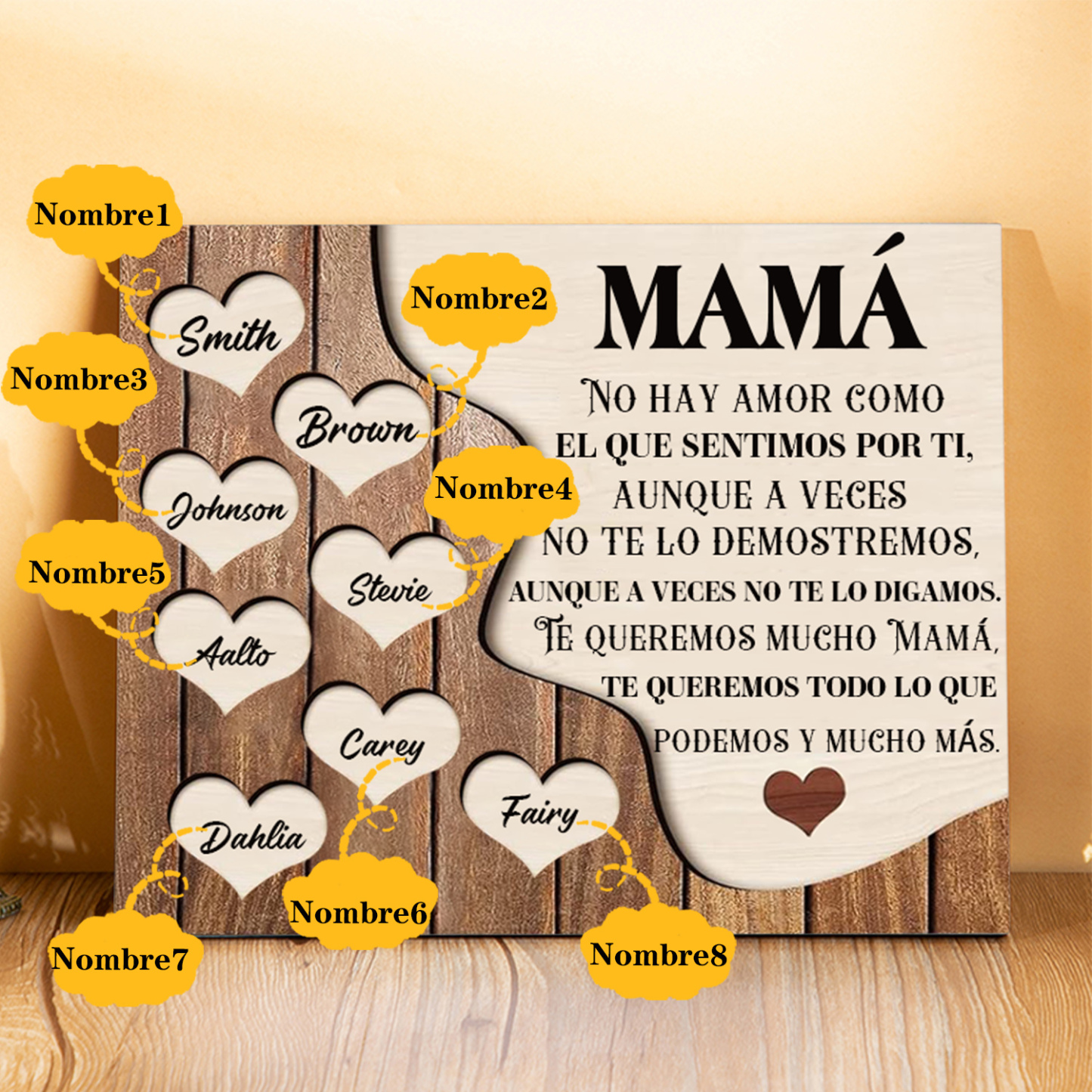 A mi mamá - Lámina 2-8 nombres personalizados marco de madera cara y corazones-Jessemade ES