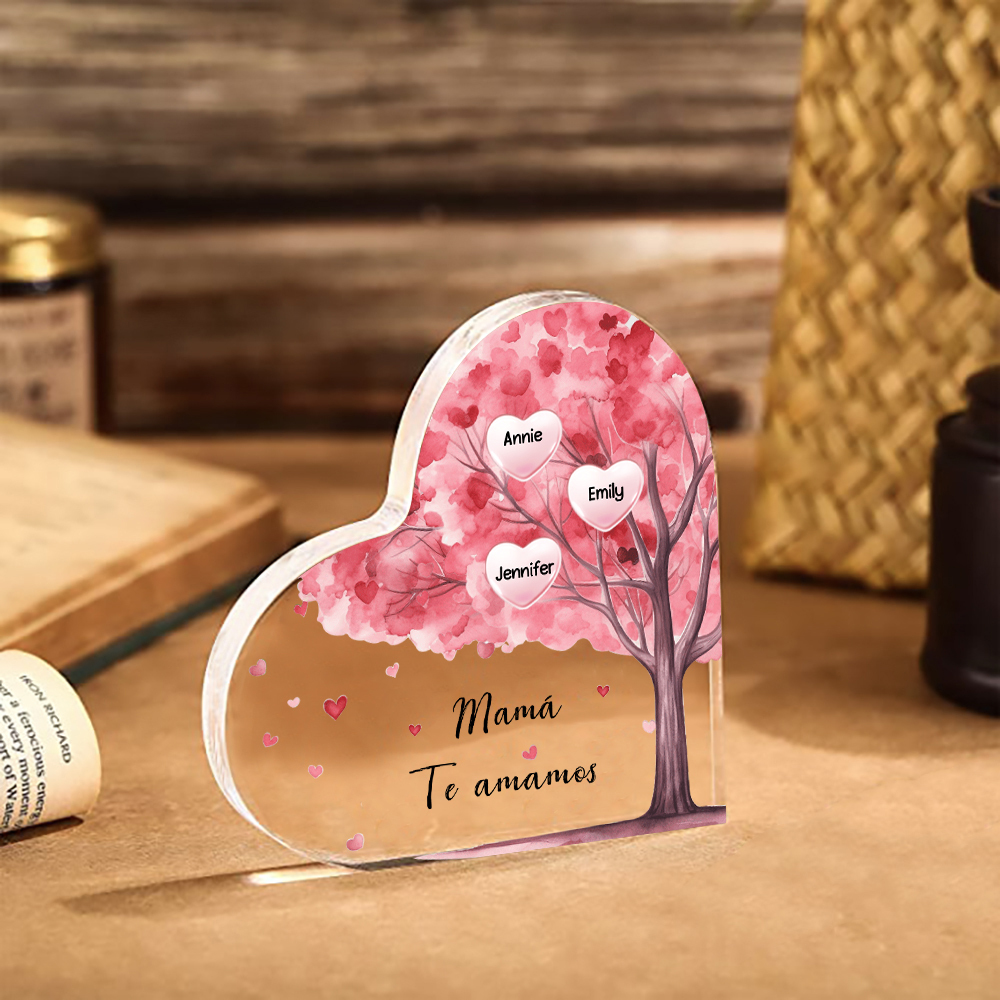 A mi mamá/abuela-Placa de acrílico "Árbol" en forma de corazón 3 nombres y 1 texto personalizados-Jessemade ES