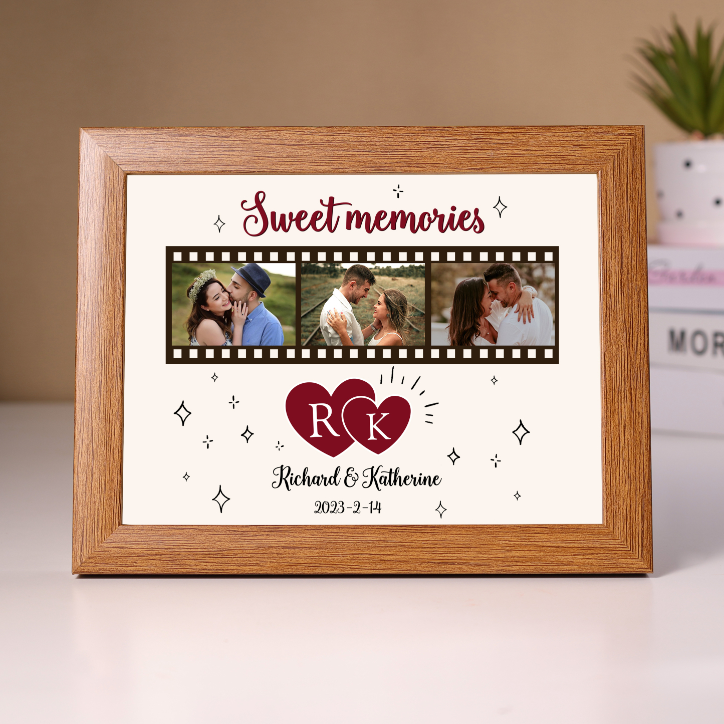 Marco de 3 fotos de madera para pareja 2 textos, 2 letras y fecha personalizados-Jessemade ES