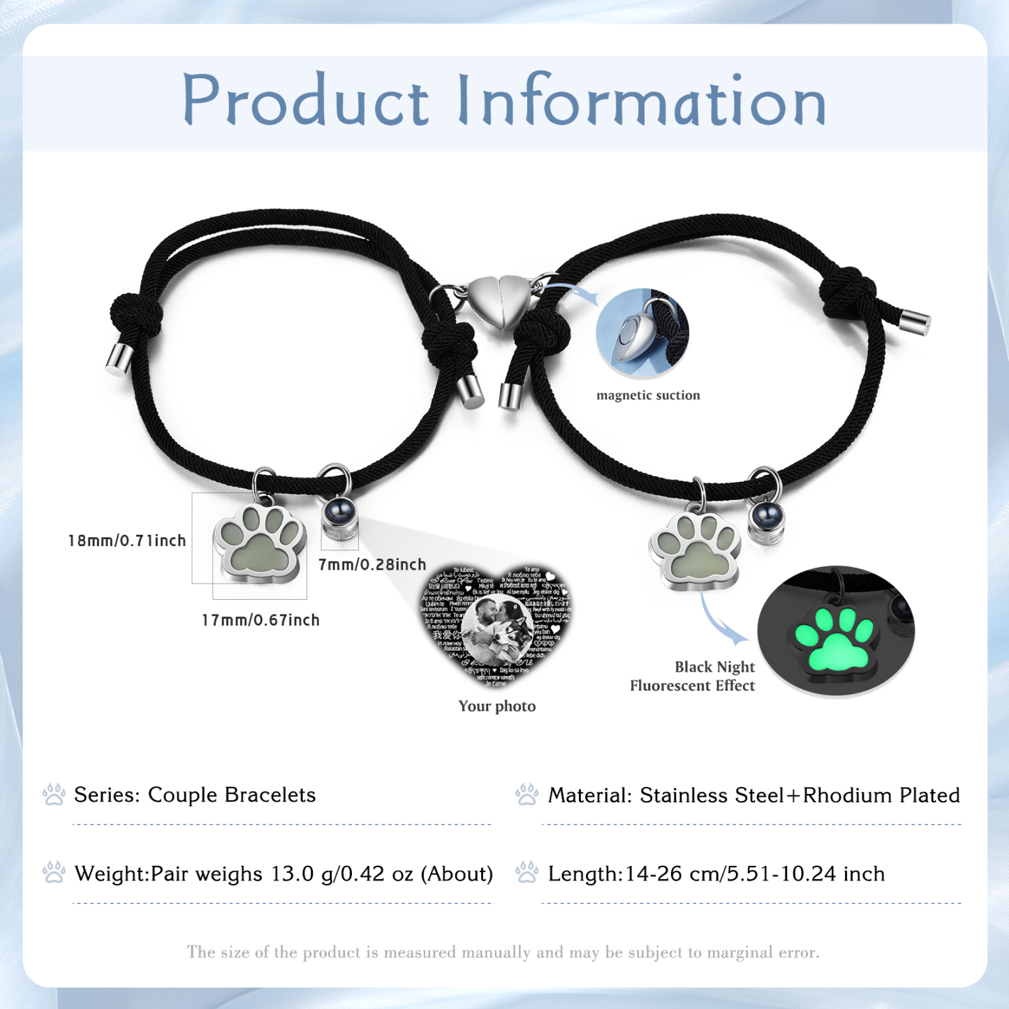 Pulsera para pareja con proyección de foto con dije de corazón magnético-Jessemade ES