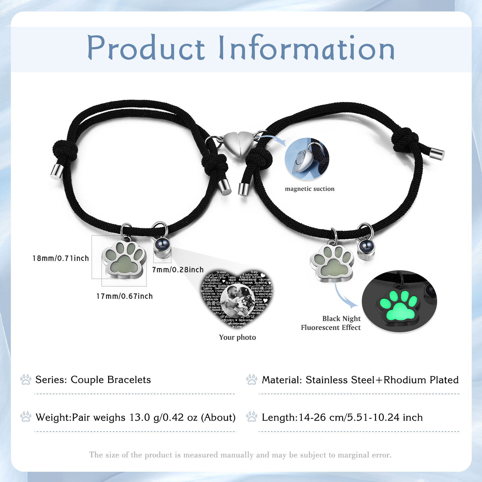 Pulsera para pareja con proyección de foto con dije de corazón magnético-Jessemade ES