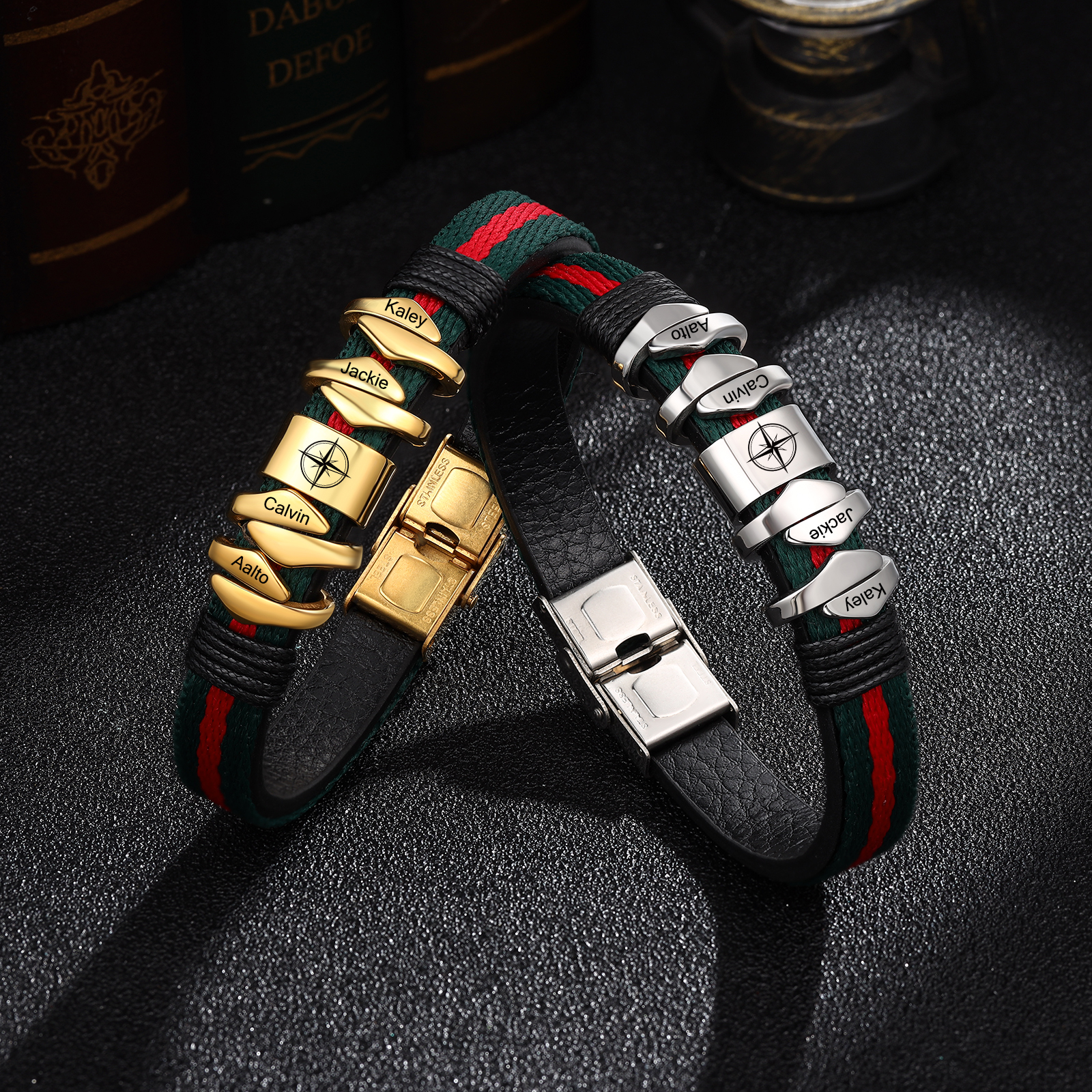 Pulsera 4 Nombres Personalizados de Cuero y Cuerda con Aros-Jessemade ES