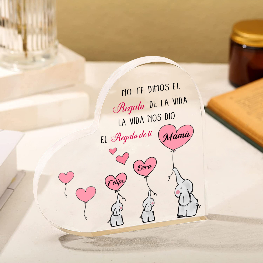 A mi mamá/abuela-Placa de acrílico en forma de corazón elefantes 2-5 nombres personalizados-Jessemade ES