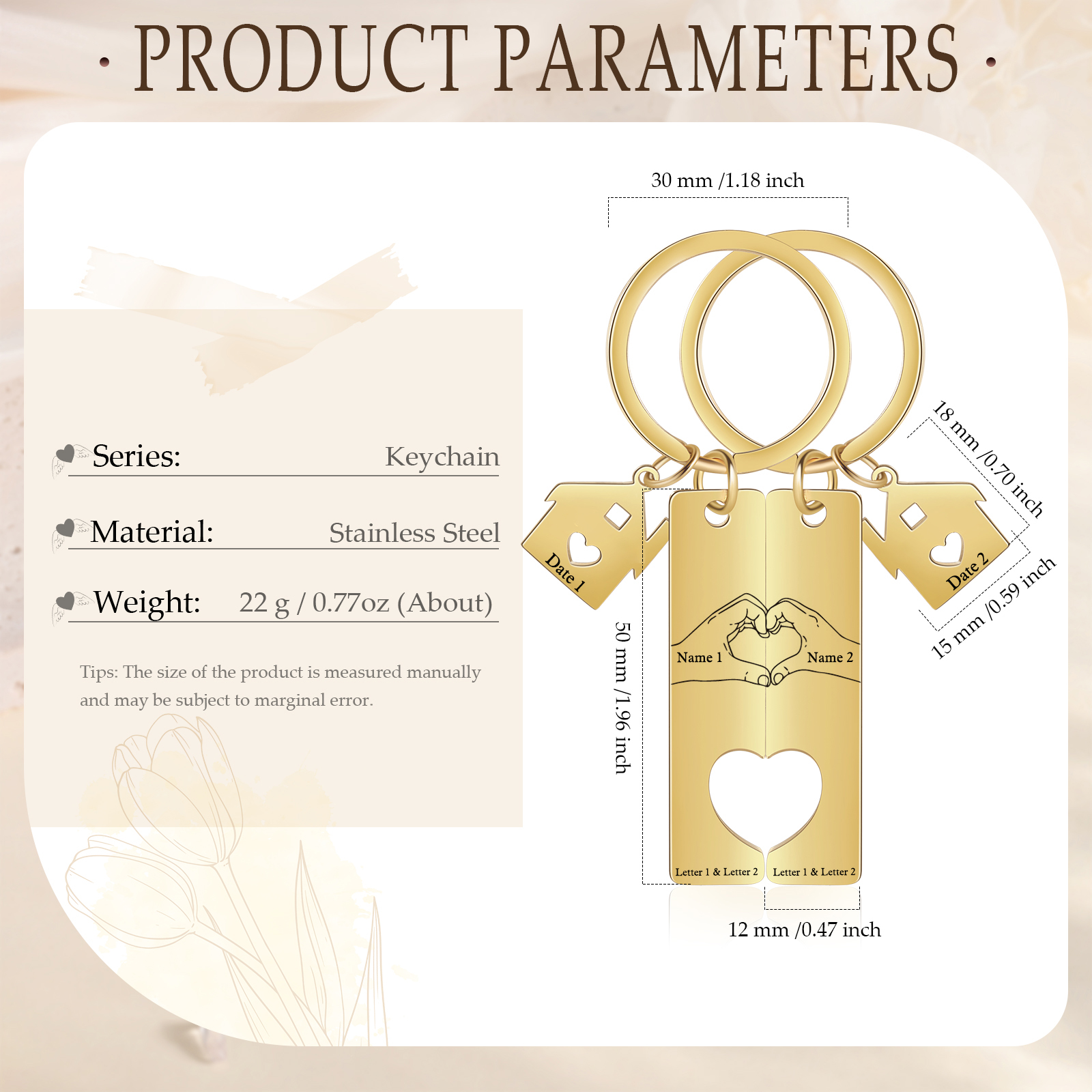 Llavero para pareja posando corazón con manos 2 nombres, 2 letras personalizados con fecha dije de casa-Jessemade ES