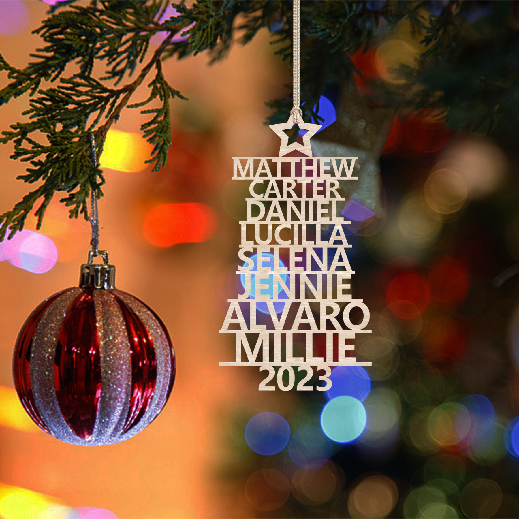 Navidad-Ornamento navideño de madera árbol de nombres con 8 nombres y año personalizados