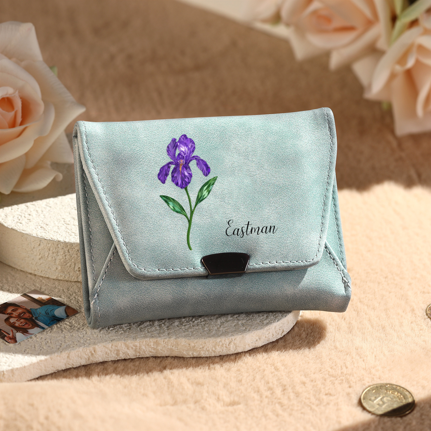 Cartera de cuero personalizada para mujer con flor de nacimiento y nombre