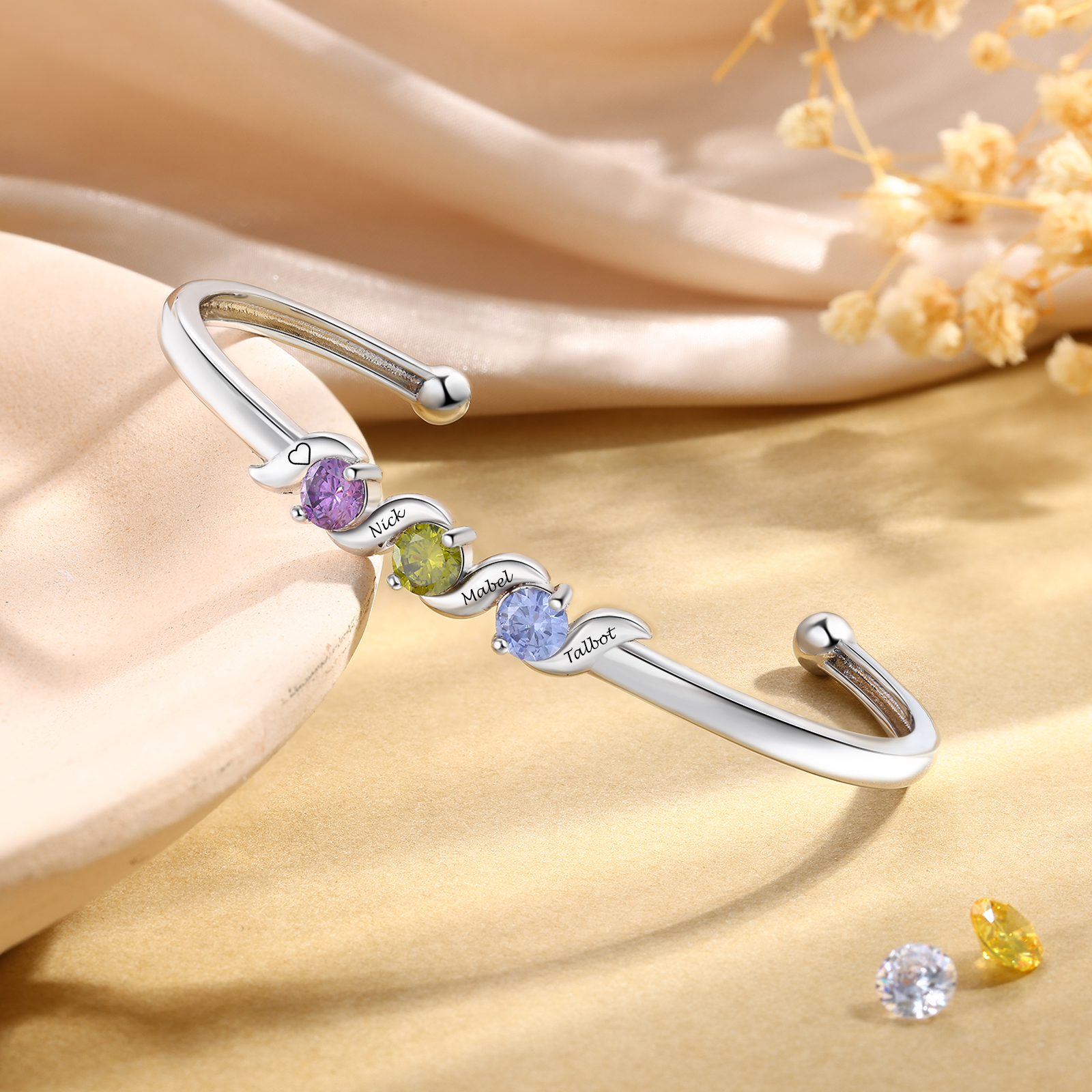 Pulsera brazalete de piedras de nacimiento para mujer personalizada, tipo familiar, personalizada con 1–5 nombres y piedras