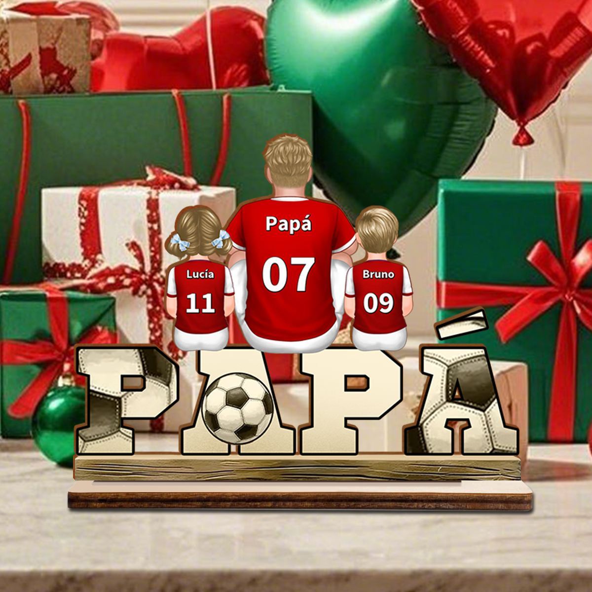 Decoración Papá fútbol con hijos personalizada, 2 a 5 nombres