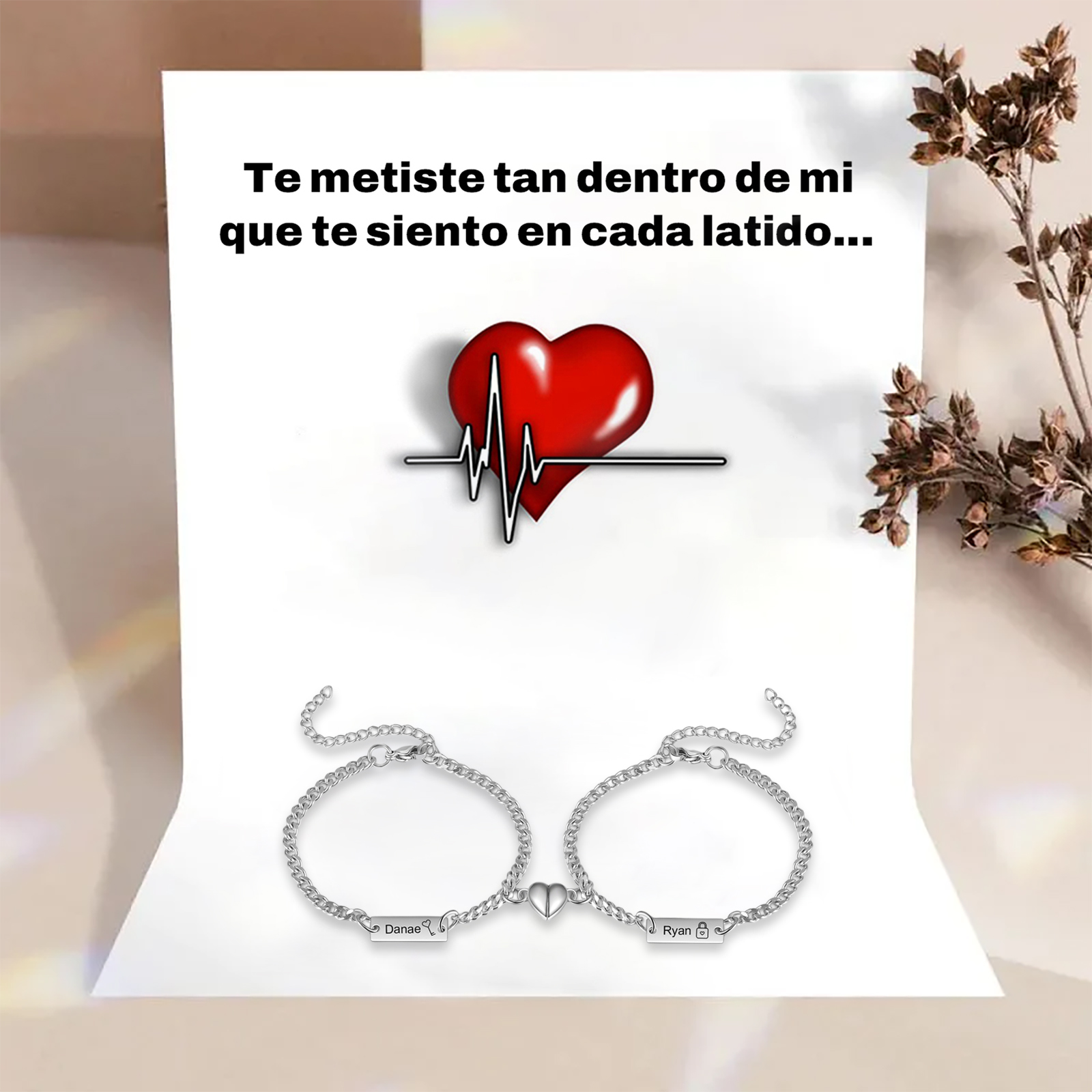 Pulseras de cadena personalizadas con 2 nombres para pareja con dije de corazón de rompecabezas magnético | Jessemade