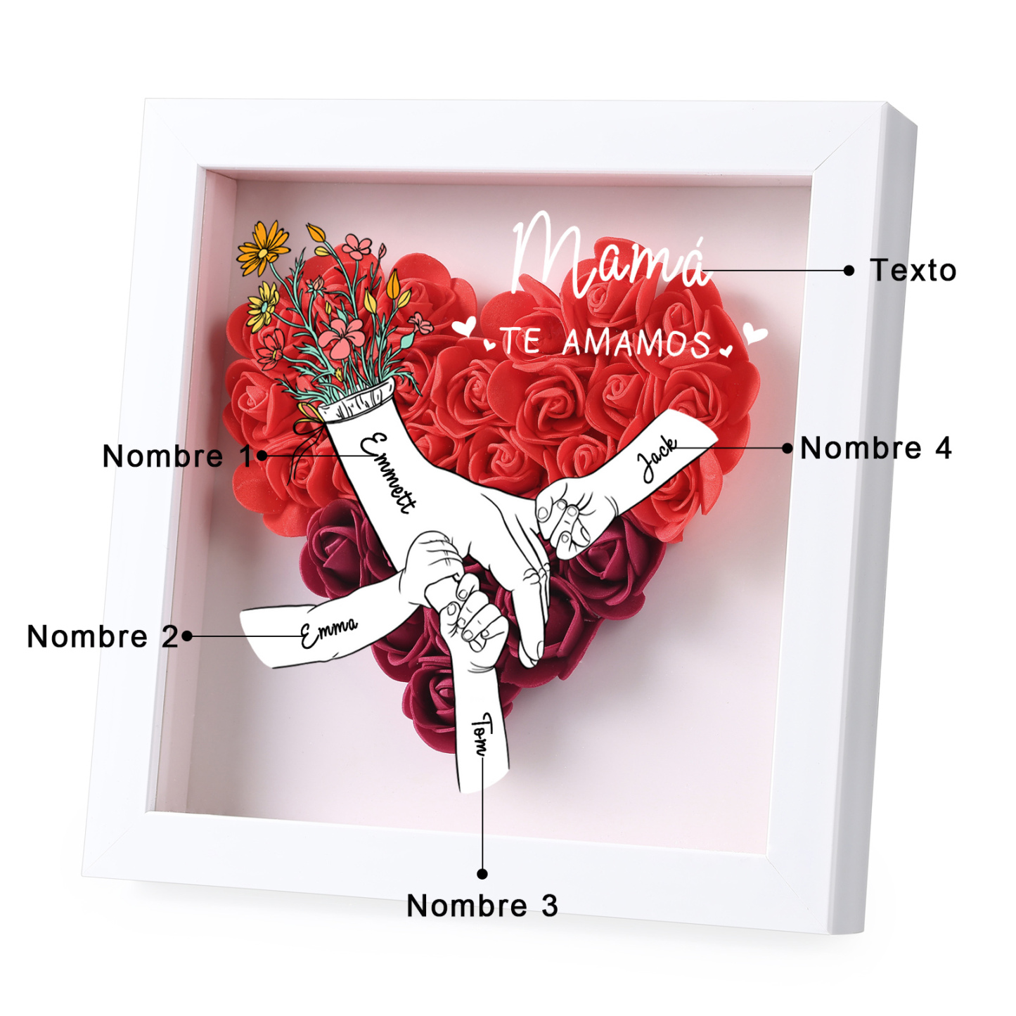 A mi mamá/abuela-Marco de flores de madera mano con mano personalizado con 4 nombres y 1 texto | Jessemade