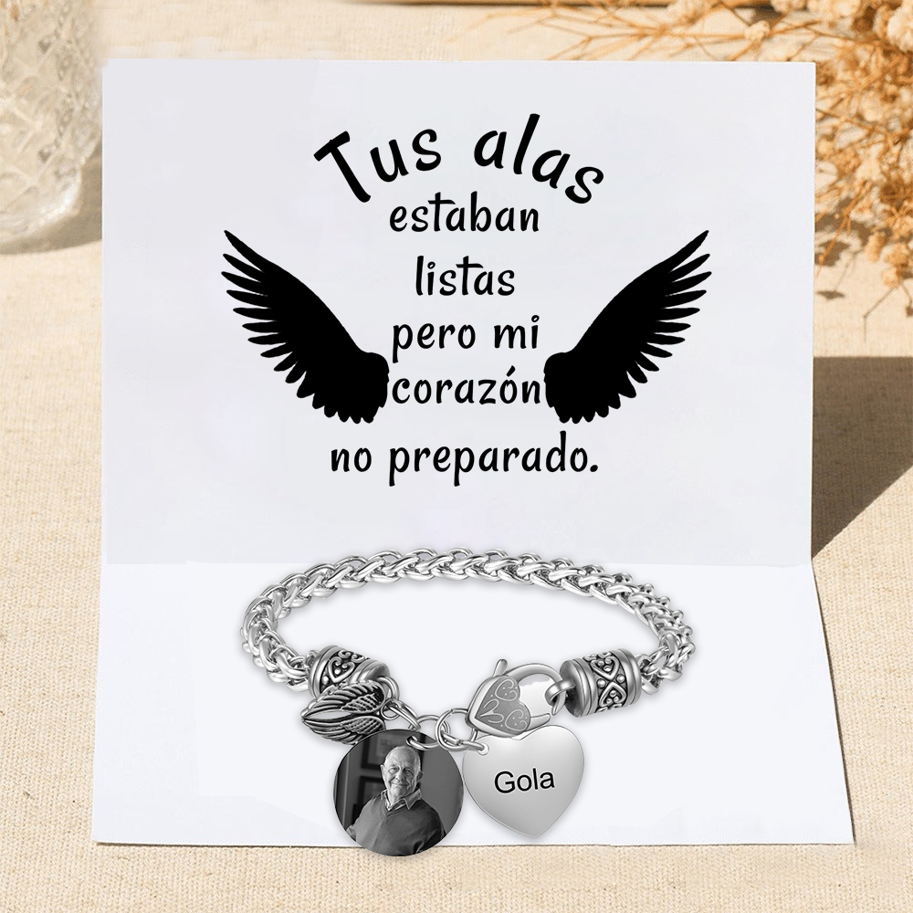 Pulsera Conmemorativa con Corazón y Alas con 1 Nombre y Foto Pulsera Personalizada | Jessemade