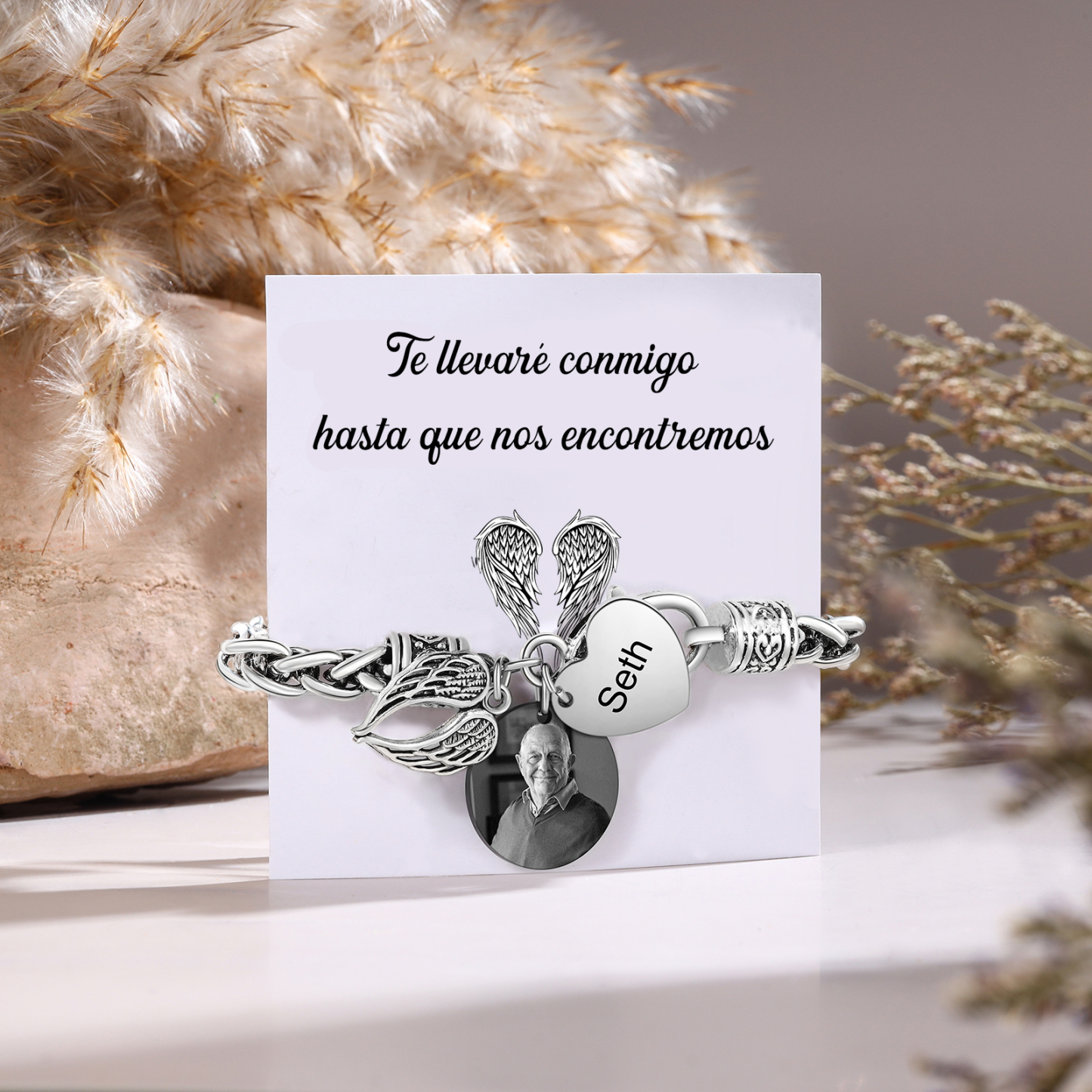 Pulsera Conmemorativa Corazón y Alas con 1 Nombre y Foto Pulsera Personalizada | Jessemade