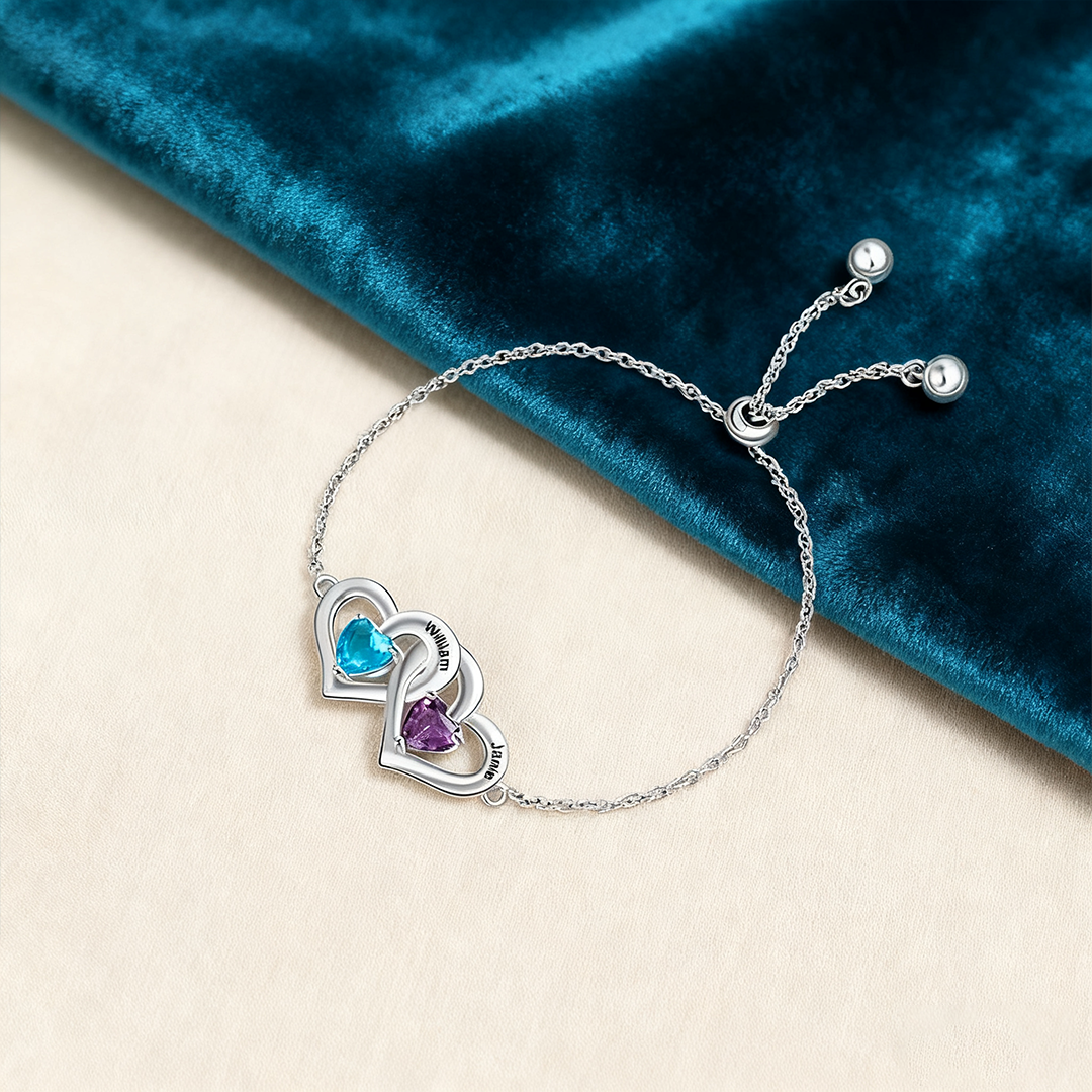 Pulsera para mujer de corazones ajustable 2 nombres y 2 piedras de nacimiento personalizados